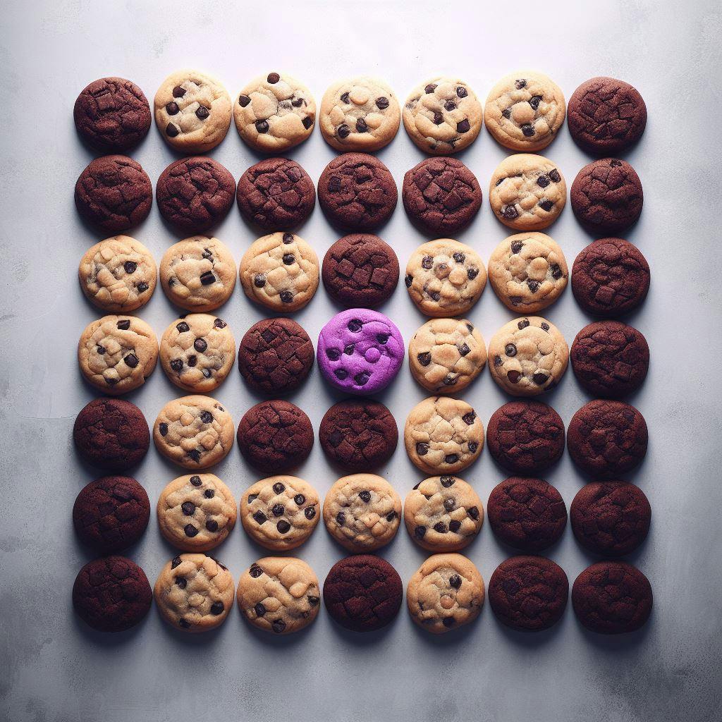 Photgraphic flat-lay of freshly baked cookies in milk and dark chocolate, the middle cookie is emphasised in a purple colour
